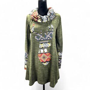 LILYPAD Dress Green With Multi Color Long Sleeves Size Medium Deer Logo